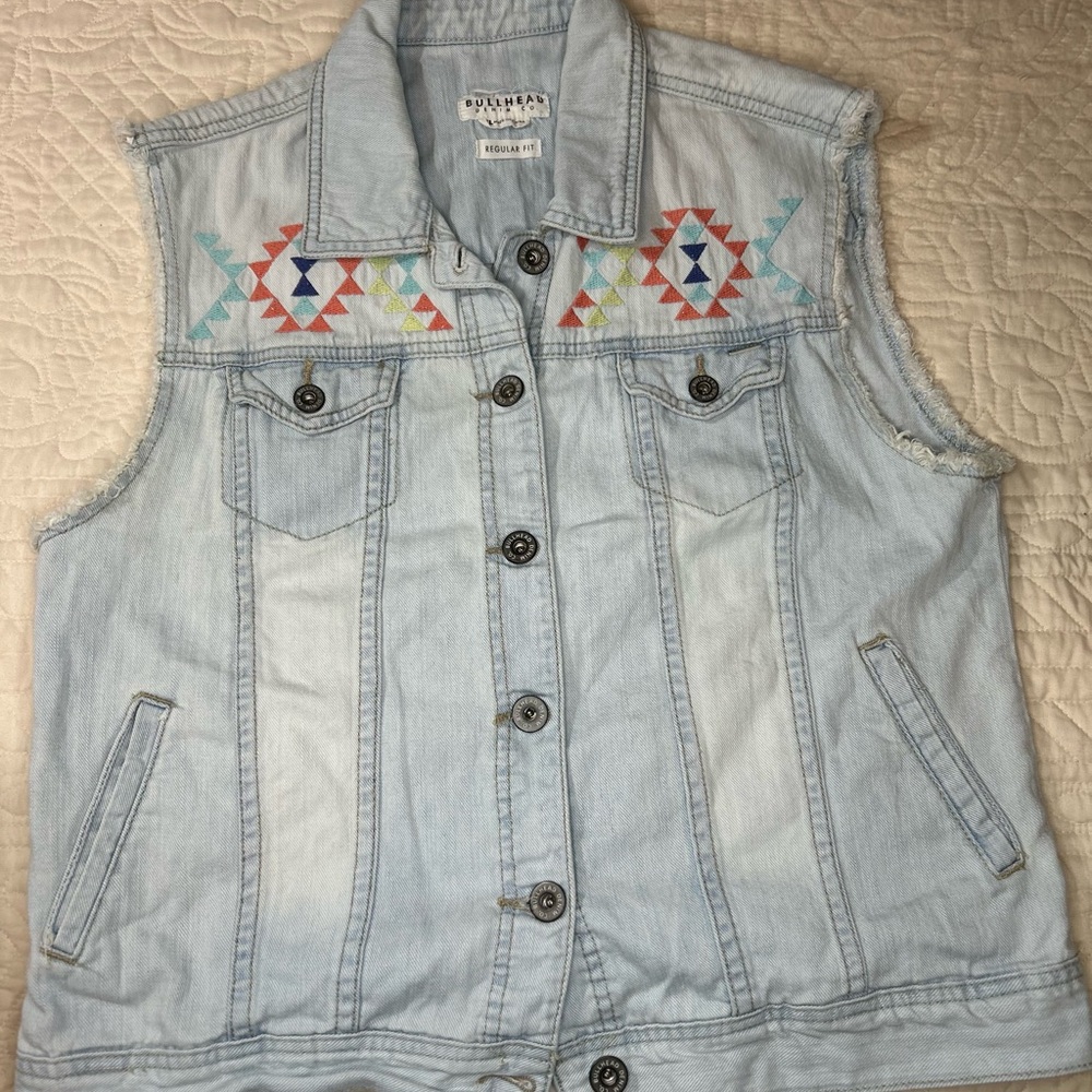 Bullhead Denim Co Vest  Denim Sleeveless Aztec Embroidery Women's Size XL Y2k